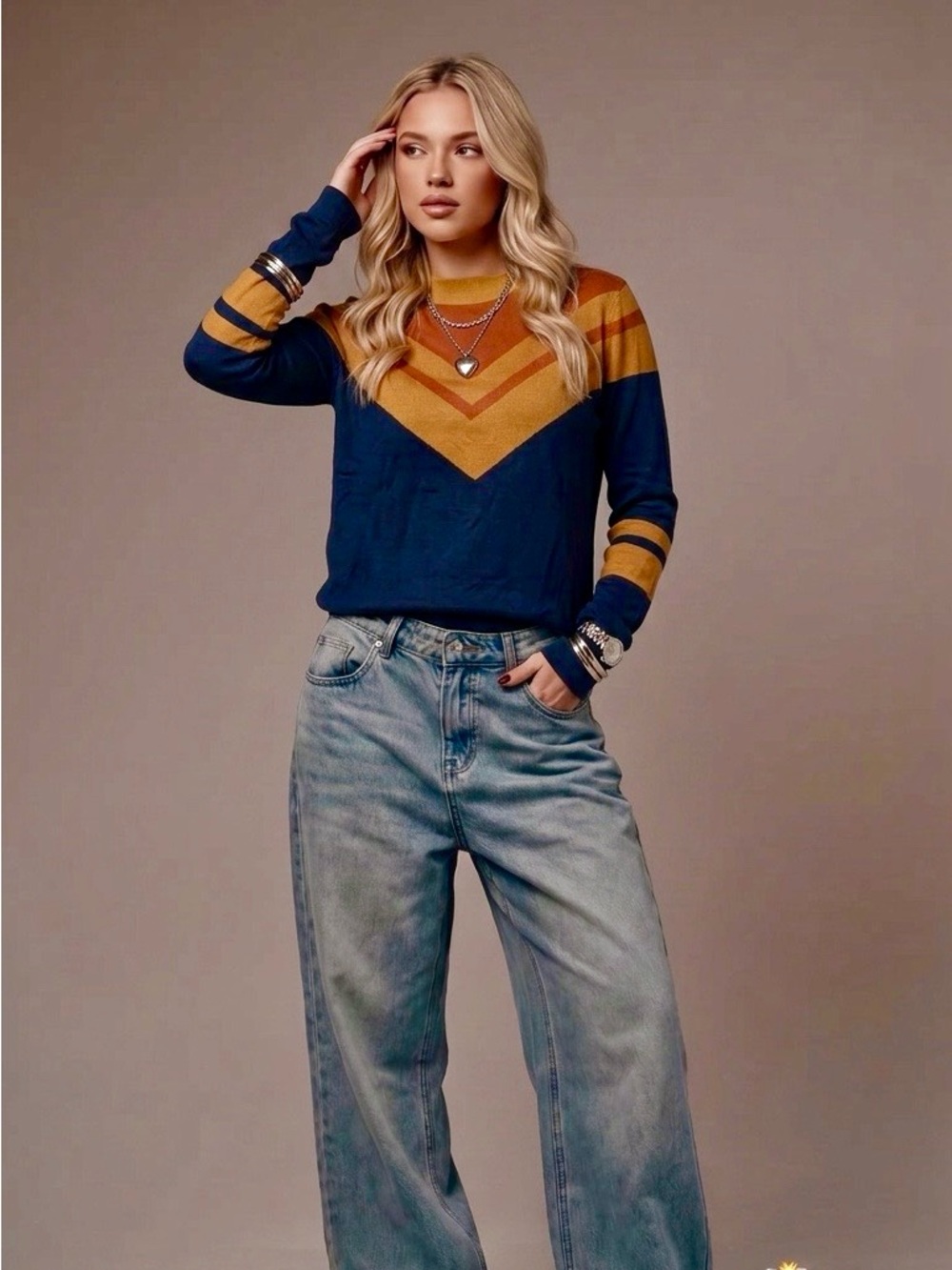 Free People Mock Blue/Mustard Long Sleeve Striped Top- M